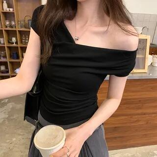 Short-Sleeve Cowl Neck Plain Shirred Crop Tee Black by Yako