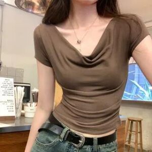 Short-Sleeve Cowl Neck Plain Shirred Crop Tee Coffee 277363101