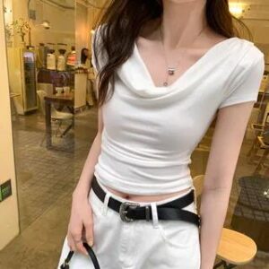 Short-Sleeve Cowl Neck Plain Shirred Crop Tee White 277363102