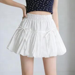 Elastic Waist Plain Bow Panel Mini A-Line Balloon Skirt White by Shira