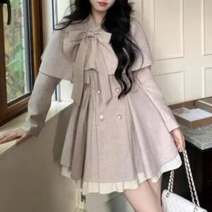 Set: Long-Sleeve Notch Lapel Two Tone Frill Trim Layered Double-Breasted Mini A-Line Blazer Dress + Bow Shawl Set of 2 - Dress & Shawl - Almond 277485837