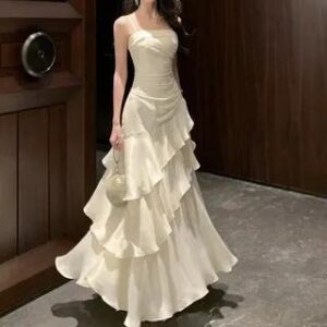 Spaghetti Strap Plain Ruched Ruffle Trim Maxi A-Line Dress White 277485841