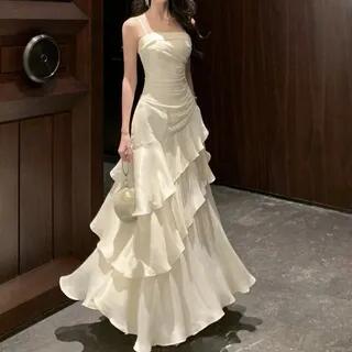 Spaghetti Strap Plain Ruched Ruffle Trim Maxi A-Line Dress White by Yilda
