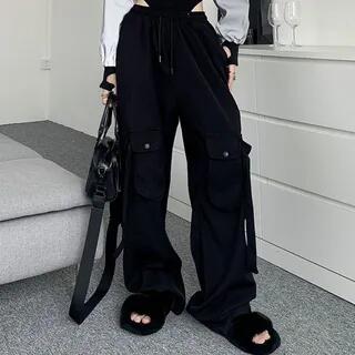Sleeveless Scoop Neck Lettering Embroidered Bodysuit Top / Drawstring Waist Plain Baggy Cargo Pants / Two Tone Panel Crop Zip Jacket Pants - Black by Kenning