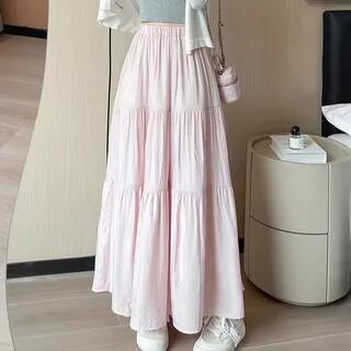 High Waist Striped Midi A-Line Tiered Skirt Pink by Cloud Nine
