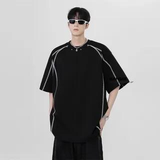 Elbow-Sleeve Crew Neck Plain Contrast Stitching T-Shirt Black by Wescosso