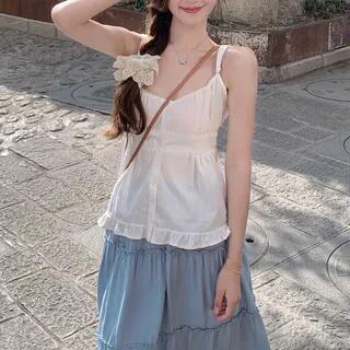 Plain Ruffle Button Cami Top Camisole Top - White by Metonymph
