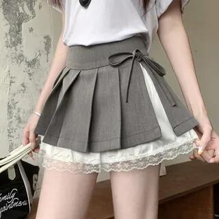 Mid Rise Lace Panel Accent Pleated Layered Mini A-Line Skirt Gray by Joyciful