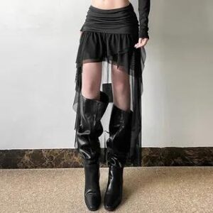 Low Waist Ruched Panel Ruffle Trim High Low A-Line Skirt Black 277947696