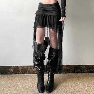 Low Waist Ruched Panel Ruffle Trim High Low A-Line Skirt Black by Sugarcoat