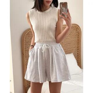 Drawstring Waist Plain Shorts Gray by Chubby Girl