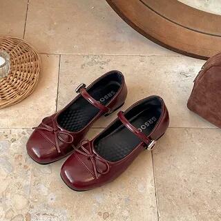 Ribbon Accent Mary Jane Flats Wine Red by Queen Zoo