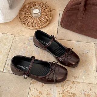 Ribbon Accent Mary Jane Flats Brown by Queen Zoo