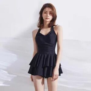 Halter-Neck Plain Tie-Front Swimdress Black 277975498