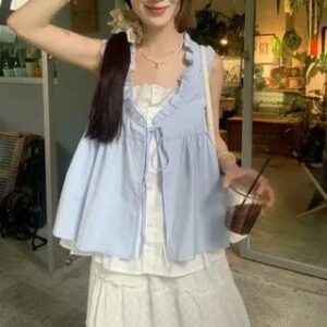 Sleeveless Mock Two Piece Ruffle Tie Front Top Top - Blue 277997744