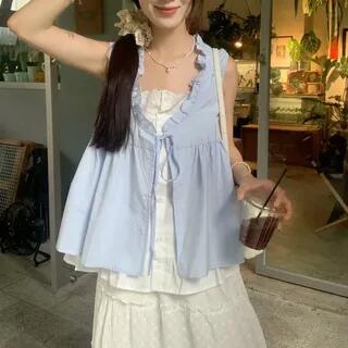 Sleeveless Mock Two Piece Ruffle Tie Front Top Top - Blue by satierra