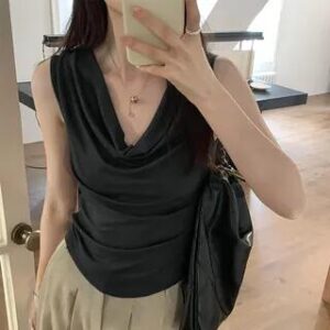 Cowl Neck Plain Slim Fit Crop Tank Top Dark Gray 277997804