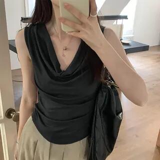 Cowl Neck Plain Slim Fit Crop Tank Top Dark Gray by Bolgivy