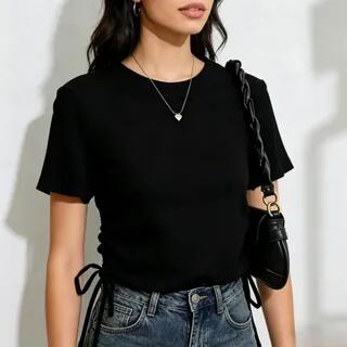 Short-Sleeve Crew Neck Plain Lace Up T-Shirt Dark Camel by Rosesand