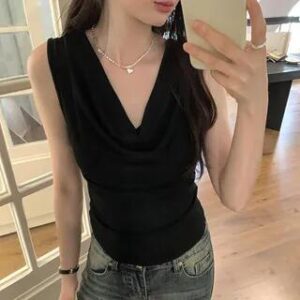 Cowl Neck Plain Slim Fit Crop Tank Top Black 277997958