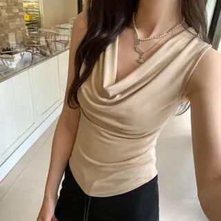 Cowl Neck Plain Slim Fit Crop Tank Top Beige by Bolgivy