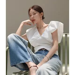V-Neck Puff-Sleeve Blouse White by DABAGIRL