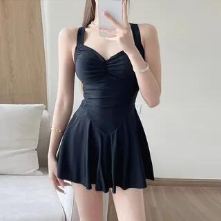 Sleeveless V-Neck Plain Ruched Swimdress Black by Serendo