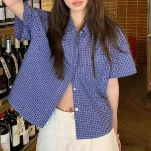 Short-Sleeve Plaid Pocket Detail Shirt Blue 278603302