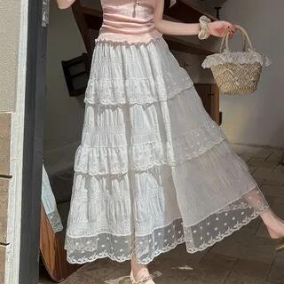 High Waist Lace Panel Tiered A-Line Skirt White by Cloud Nine
