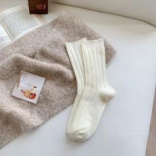 Striped Plain Mid-Calf Socks Milky White by Gentiana