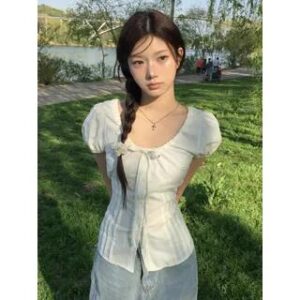 Puff Sleeve Scoop Neck Plain Panel Slim-Fit Button-Up Shirt White 278817309
