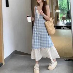Tie Shoulder Plaid Embroidered Mock Two Piece A-Line Dress Light Blue 278817317