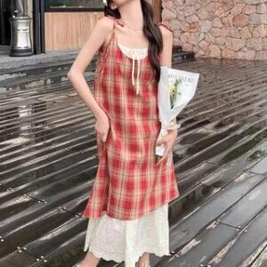 Tie Shoulder Plaid Embroidered Mock Two Piece A-Line Dress Red 278817318