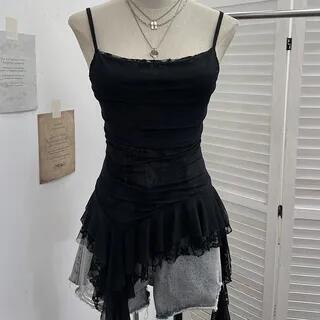 Asymmetrical Ruffle Trim Lace Panel Mesh Slim Fit Camisole Top Black by Allinya