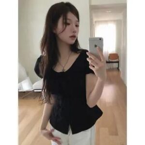 Puff Sleeve Scoop Neck Plain Panel Slim-Fit Button-Up Shirt Black 278817378