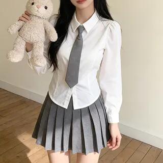 Long-Sleeve Plain Tie Back Button-Up Slim Fit Crop Shirt White by Everose