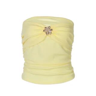 Plain Metal Accent Ruched Crop Tube Top Yellow by Sosana