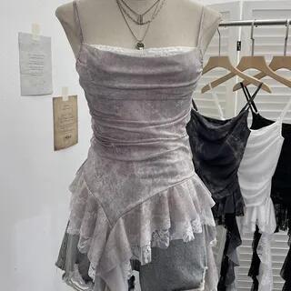 Asymmetrical Ruffle Trim Lace Panel Mesh Slim Fit Camisole Top Light Gray by Allinya