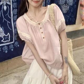 Short Sleeve Crew Neck Lace Trim Blouse Blouse - Pink | Trendycas by Trendycas