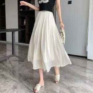 High Waist Plain Midi Pleated Skirt Beige 279064351
