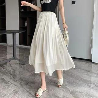 High Waist Plain Midi Pleated Skirt Beige by Sisyphi