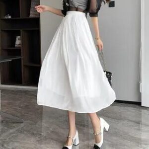 High Waist Plain Midi Pleated Skirt White 279064395
