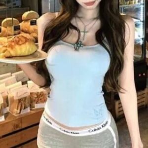 Square Neck Butterfly Cut Out Plain Crop Camisole Top Blue 279071498