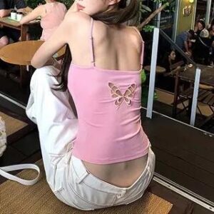 Square Neck Butterfly Cut Out Plain Crop Camisole Top Pink 279071516