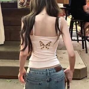 Square Neck Butterfly Cut Out Plain Crop Camisole Top Almond 279071519