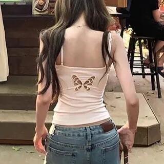 Square Neck Butterfly Cut Out Plain Crop Camisole Top Almond by Maisee