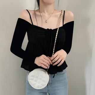 Long Sleeve Tie-Front Ruched See-Through Mesh Crop Top Long Sleeve - Black by Honet