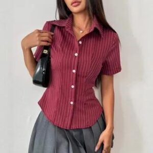 Short Sleeve Collared Stripe Slim-Fit Shirt Wine Red 279146804