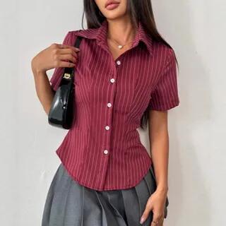 Short Sleeve Collared Stripe Slim-Fit Shirt Wine Red by Rosesand