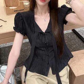 Short Sleeve Tie-Neck Plain Top Black by Shinsei